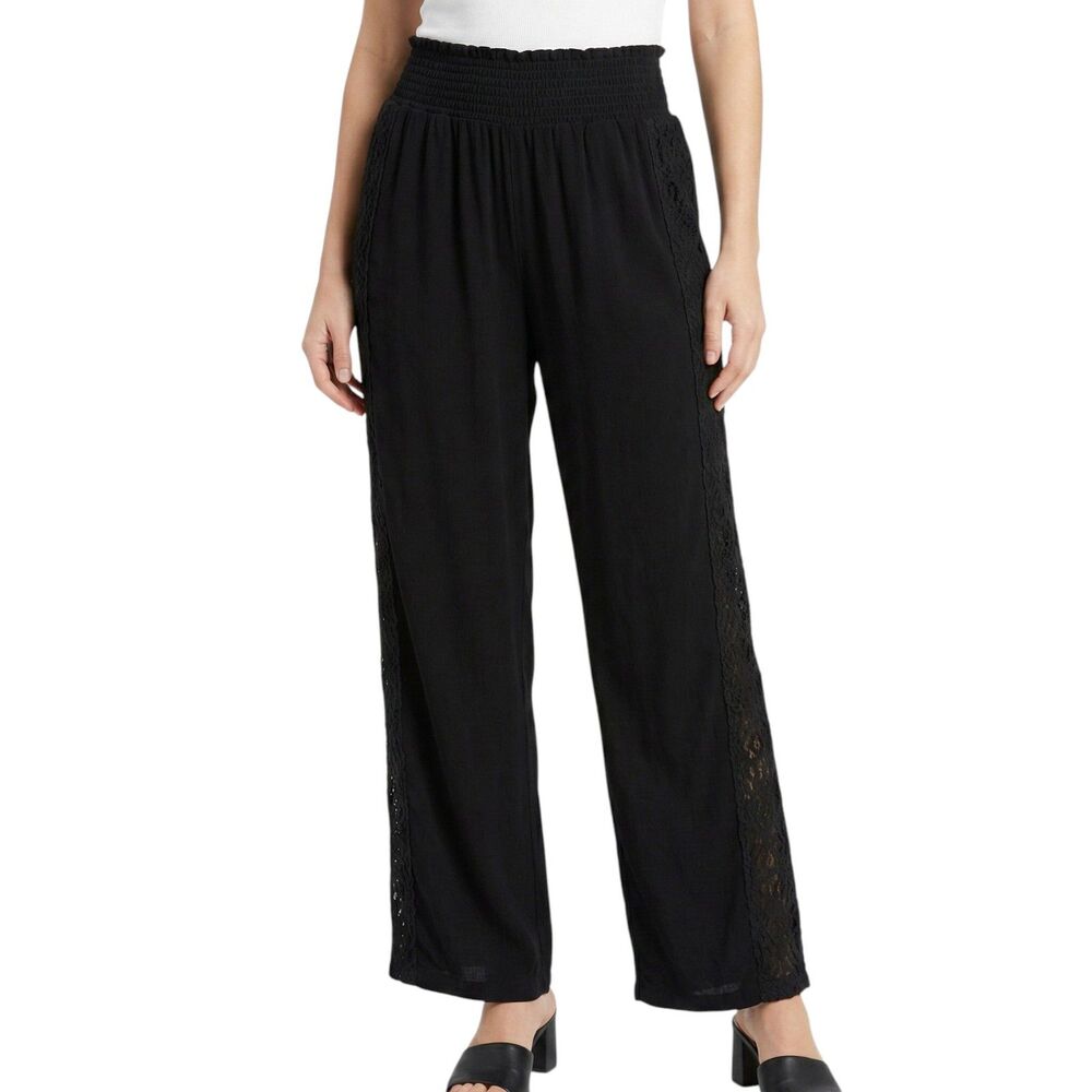 One 5 One Black Lace Wide-Leg Pants for Women